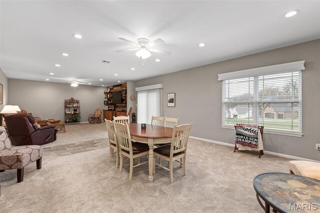 408 Hamlet Ct, Lake St Louis, MO 63367 - dining room with a ceiling fan, light colored carpet, and recessed lighting