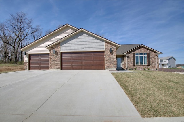 515 Timber View Ter, Hannibal, MO 63401 - ranch-style house featuring an attached garage, driveway, a front lawn, and stone siding