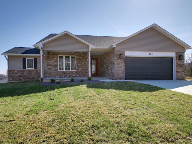 504 Timber View Ter, Hannibal, MO 63401 - ranch-style home featuring brick siding, a garage, driveway, a front lawn, and a porch