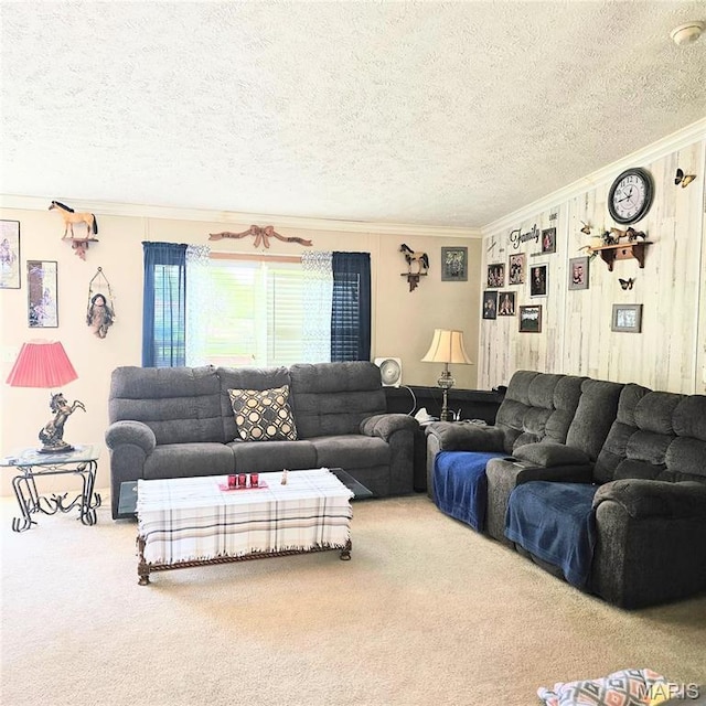 404 Garden St, Cahokia, IL 62206 - living area with crown molding, carpet flooring, a textured ceiling, and wood walls