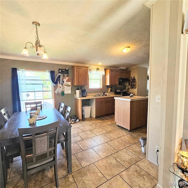 404 Garden St, Cahokia, IL 62206 - kitchen featuring light countertops, ornamental molding, a textured ceiling, electric range, and decorative light fixtures