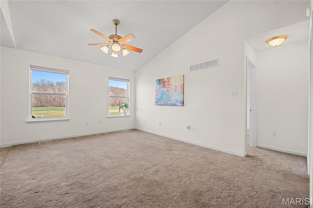 918 Fairway Dr, Union, MO 63084 - unfurnished room featuring a ceiling fan, carpet floors, baseboards, and high vaulted ceiling