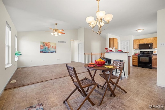 918 Fairway Dr, Union, MO 63084 - dining space featuring baseboards, a chandelier, a ceiling fan, vaulted ceiling, and light colored carpet