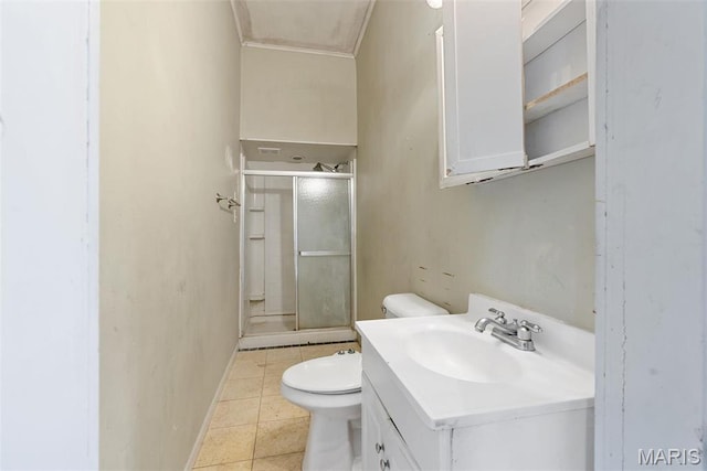 104 S 4th St, De Soto, MO 63020 - full bathroom with a shower stall, vanity, crown molding, and tile patterned floors