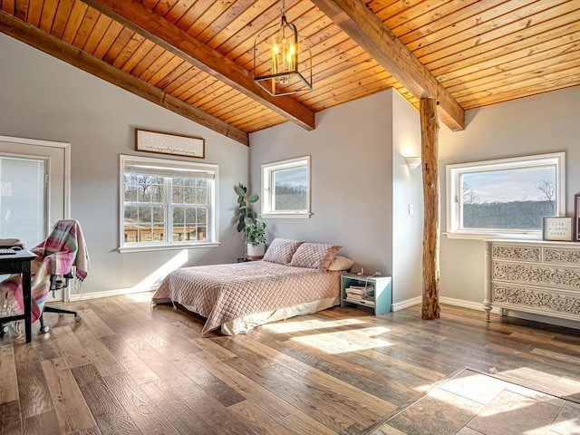 bedroom featuring a chandelier, wood ceiling, hardwood / wood-style flooring, and baseboards