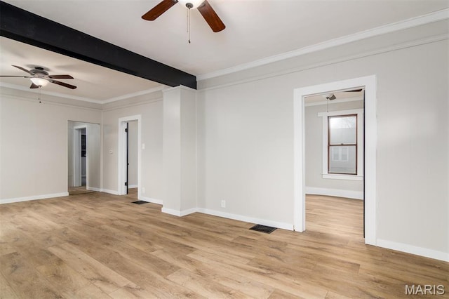 800 Frey St, Gillespie, IL 62033 - spare room featuring ceiling fan, ornamental molding, light wood finished floors, baseboards, and beamed ceiling