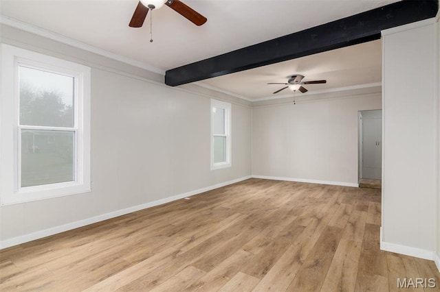 800 Frey St, Gillespie, IL 62033 - spare room with a ceiling fan, beamed ceiling, light wood-style floors, plenty of natural light, and crown molding