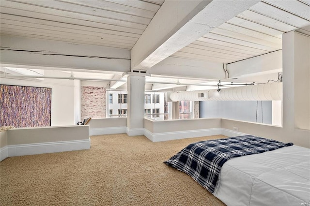 carpeted bedroom with wood ceiling, baseboards, and beamed ceiling
