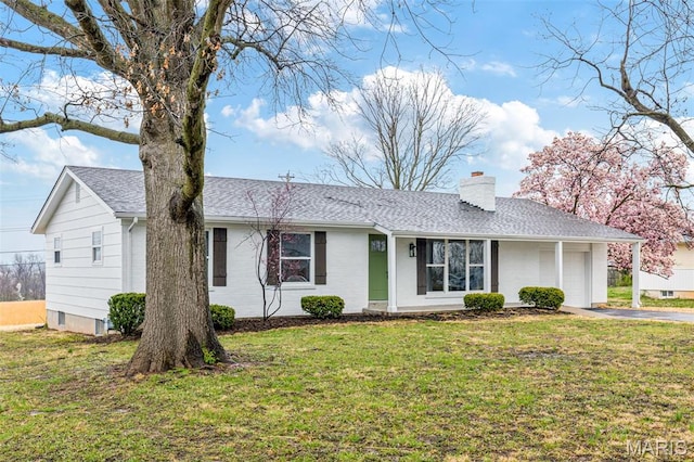 1121 E Cap Au Gris St, Troy, MO 63379 - ranch-style house featuring an attached garage, asphalt driveway, a chimney, and a front lawn