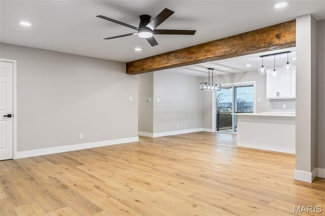 1121 E Cap Au Gris St, Troy, MO 63379 - unfurnished living room featuring ceiling fan, recessed lighting, light wood-style floors, baseboards, and beamed ceiling