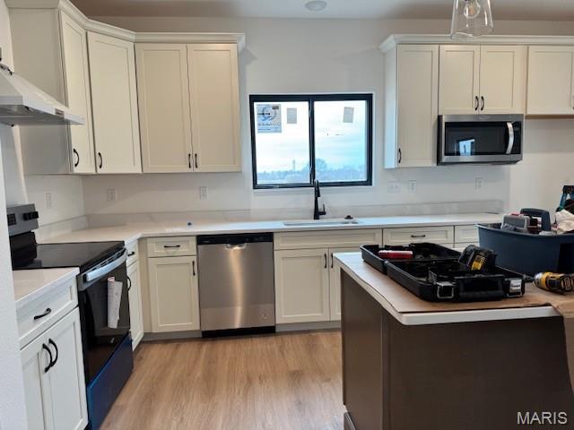 kitchen featuring stainless steel appliances, a sink, wall chimney exhaust hood, light wood-style flooring, and light countertops