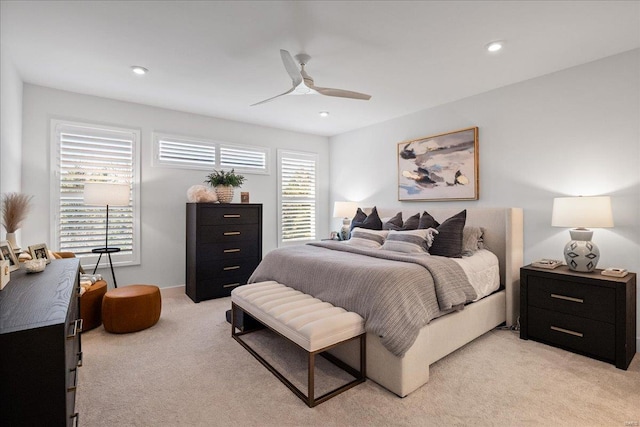 914 Memsie Park Ct, Ofallon, MO 63368 - bedroom with light colored carpet, ceiling fan, and recessed lighting