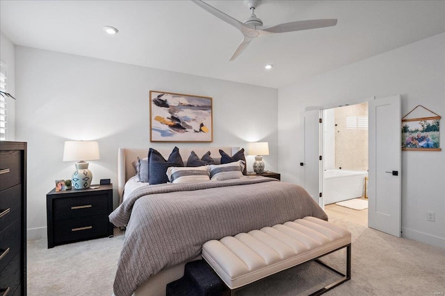 914 Memsie Park Ct, Ofallon, MO 63368 - bedroom with light carpet, baseboards, ensuite bath, a ceiling fan, and recessed lighting