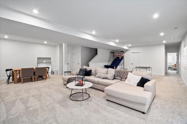 914 Memsie Park Ct, Ofallon, MO 63368 - living room with light carpet, recessed lighting, and baseboards