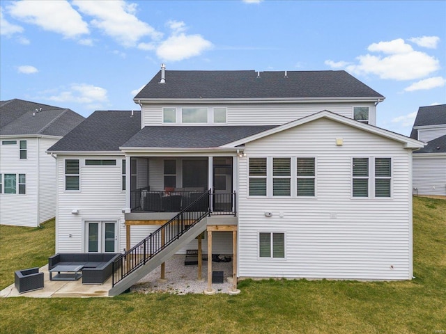 914 Memsie Park Ct, Ofallon, MO 63368 - back of property with a sunroom, outdoor lounge area, a patio, a yard, and stairs