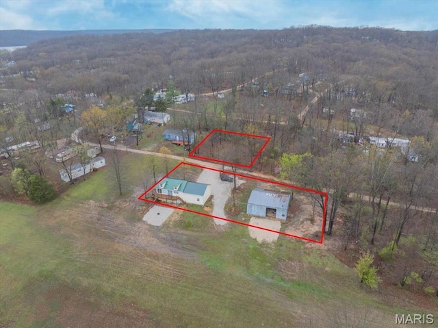 34441 Hickory Hills Rd, Mo, MO 65078 - aerial view of property and surrounding area featuring property parcel outlined and a forest