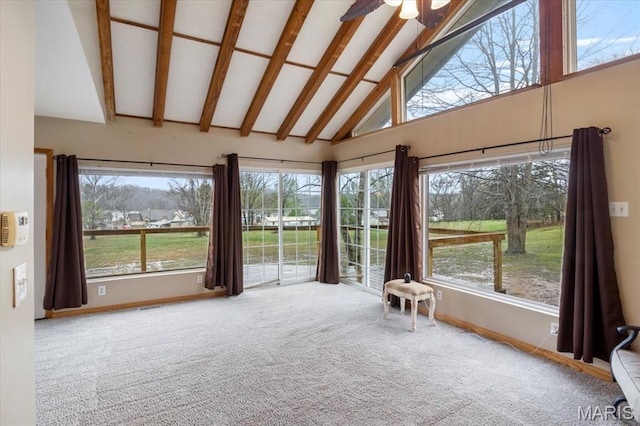 34441 Hickory Hills Rd, Mo, MO 65078 - unfurnished sunroom featuring carpet floors, high vaulted ceiling, and baseboards