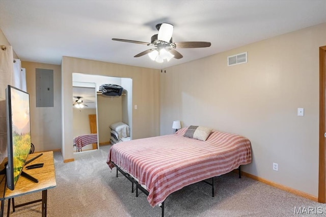 34441 Hickory Hills Rd, Mo, MO 65078 - bedroom with electric panel, carpet flooring, a ceiling fan, and baseboards