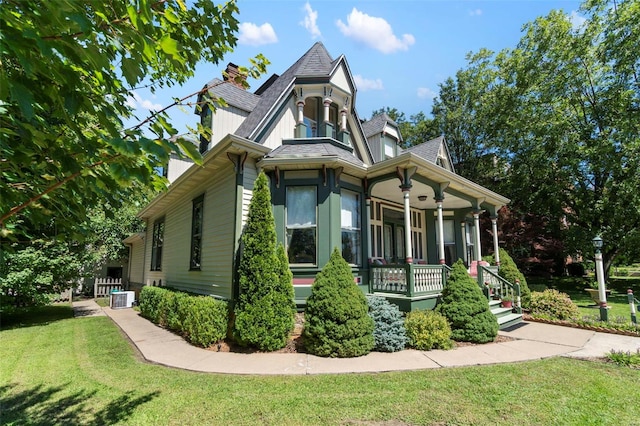 312 Bellevue St, Cape Girardeau, MO 63701 - view of home's exterior featuring a porch, a lawn, cooling unit, a chimney, and a shingled roof