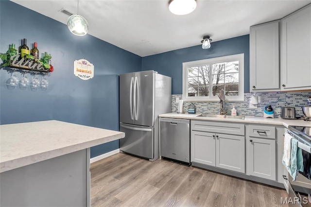 745 Sugar Glen Dr Unit 5, Saint Peters, MO 63376 - kitchen featuring stainless steel appliances, light countertops, tasteful backsplash, a sink, and light wood-style flooring