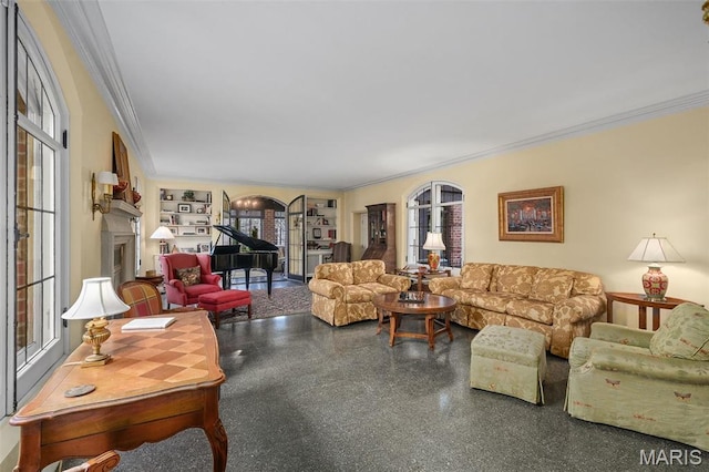 8 Carrswold Dr, Clayton, MO 63105 - living room featuring crown molding, built in shelves, and a fireplace