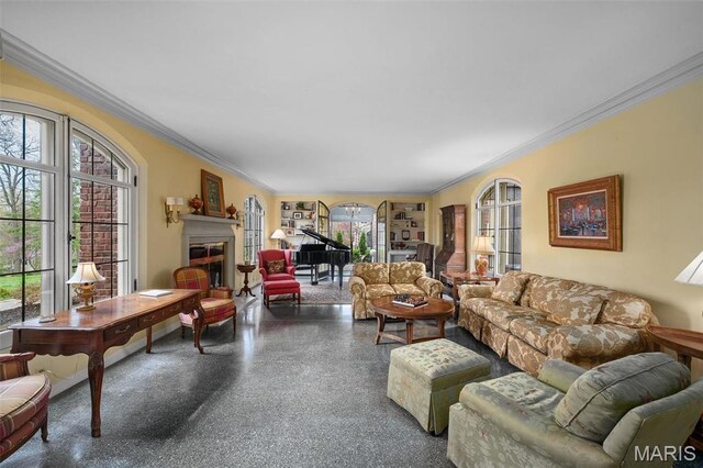 8 Carrswold Dr, Clayton, MO 63105 - living area featuring a fireplace, crown molding, plenty of natural light, and speckle patterned floor