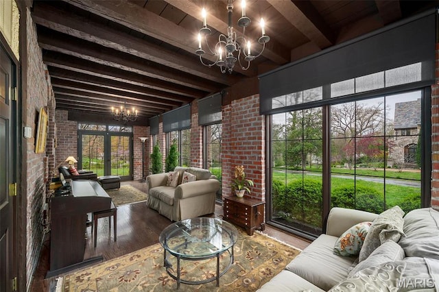 8 Carrswold Dr, Clayton, MO 63105 - sunroom / solarium with a chandelier and beamed ceiling