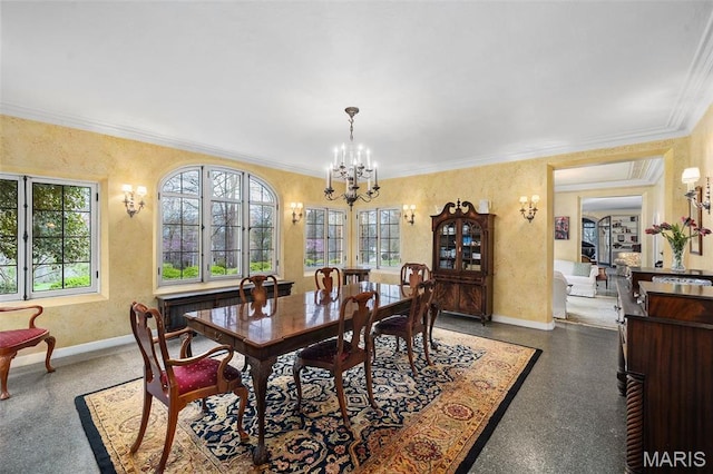 8 Carrswold Dr, Clayton, MO 63105 - dining space with baseboards, a chandelier, crown molding, and speckled floor