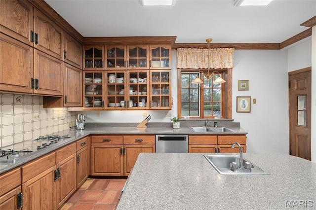 8 Carrswold Dr, Clayton, MO 63105 - kitchen with a sink, appliances with stainless steel finishes, brown cabinets, and ornamental molding