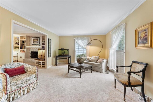 14590 Ansonborough Ct, Chesterfield, MO 63017 - living room with ornamental molding, carpet floors, a brick fireplace, and baseboards