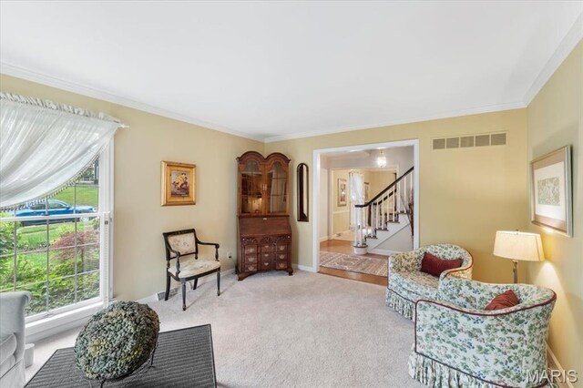 14590 Ansonborough Ct, Chesterfield, MO 63017 - living area with ornamental molding, stairway, carpet flooring, and baseboards