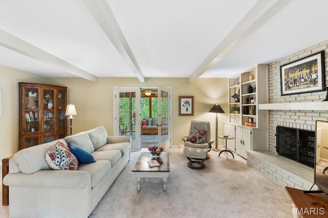 14590 Ansonborough Ct, Chesterfield, MO 63017 - carpeted living area featuring beamed ceiling, a brick fireplace, and baseboards