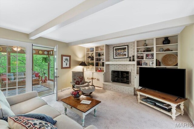 14590 Ansonborough Ct, Chesterfield, MO 63017 - carpeted living area with beamed ceiling, a fireplace, and a ceiling fan