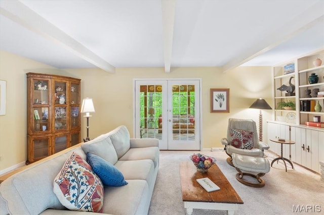 14590 Ansonborough Ct, Chesterfield, MO 63017 - carpeted living area featuring french doors, beamed ceiling, and baseboards