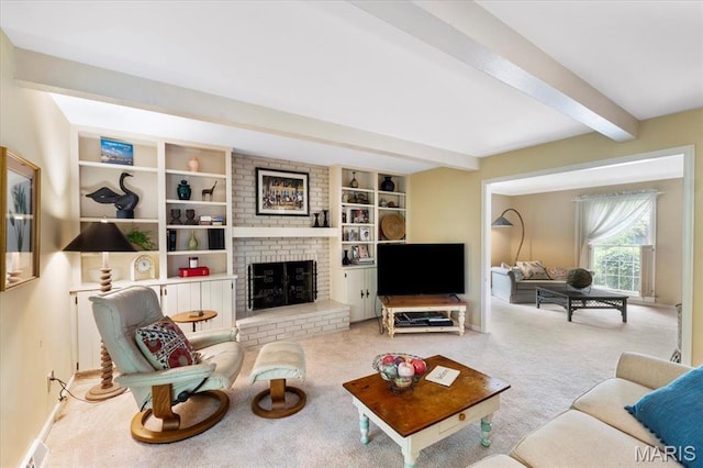 14590 Ansonborough Ct, Chesterfield, MO 63017 - living room with beam ceiling, a brick fireplace, and carpet floors
