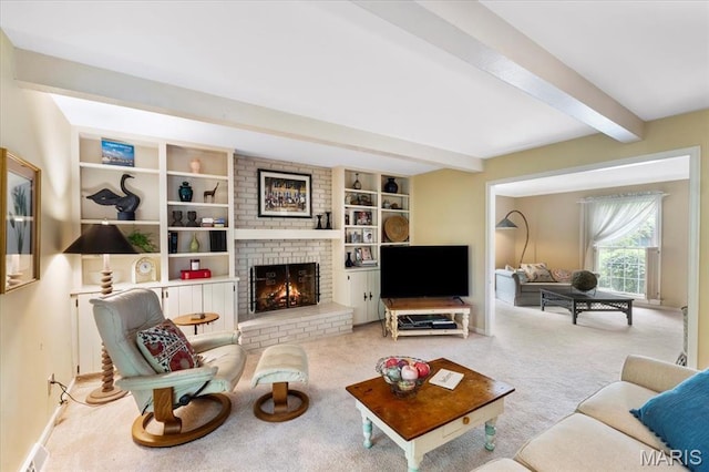 14590 Ansonborough Ct, Chesterfield, MO 63017 - living room with beam ceiling, a fireplace, and carpet