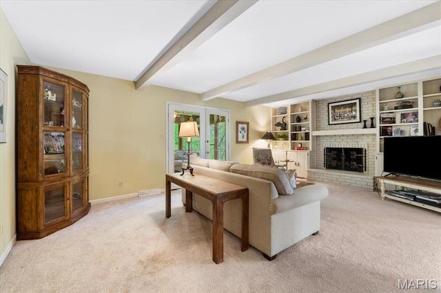 14590 Ansonborough Ct, Chesterfield, MO 63017 - living area featuring light colored carpet, beamed ceiling, and baseboards
