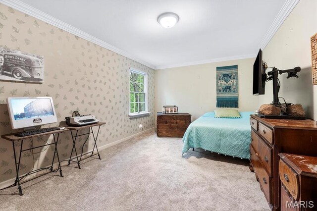 14590 Ansonborough Ct, Chesterfield, MO 63017 - bedroom with ornamental molding, carpet floors, baseboards, and wallpapered walls