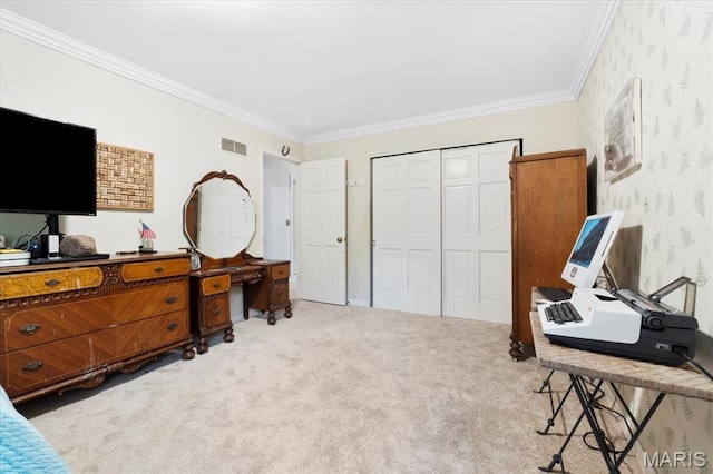 14590 Ansonborough Ct, Chesterfield, MO 63017 - bedroom featuring an office area, ornamental molding, a closet, carpet flooring, and wallpapered walls