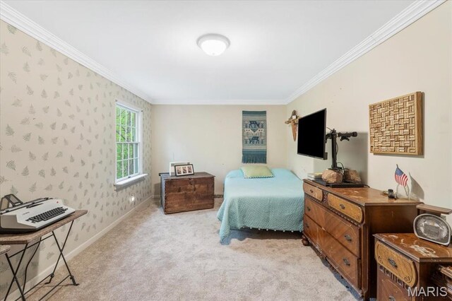 14590 Ansonborough Ct, Chesterfield, MO 63017 - bedroom featuring crown molding, light colored carpet, baseboards, and wallpapered walls