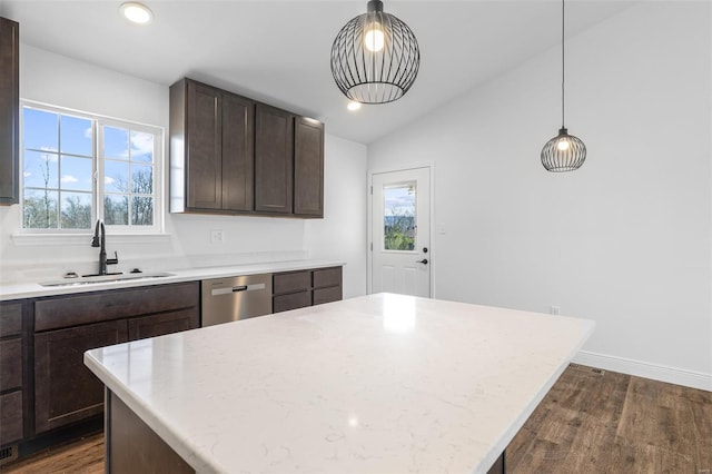 308 Blackberry Ln, Bismarck, MO 63624 - kitchen featuring a sink, stainless steel dishwasher, vaulted ceiling, dark wood-type flooring, and dark brown cabinetry