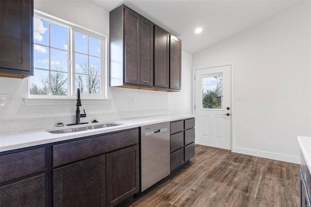 308 Blackberry Ln, Bismarck, MO 63624 - kitchen featuring stainless steel dishwasher, a sink, dark wood-style floors, healthy amount of natural light, and lofted ceiling