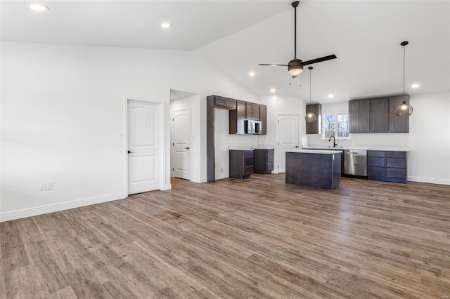 308 Blackberry Ln, Bismarck, MO 63624 - kitchen with stainless steel appliances, a kitchen island, light countertops, lofted ceiling, and wood finished floors