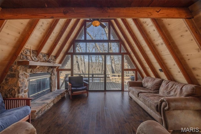 756 E St Gallen Dr, Innsbrook, MO 63390 - living area featuring hardwood / wood-style floors, wooden ceiling, ceiling fan, and a fireplace