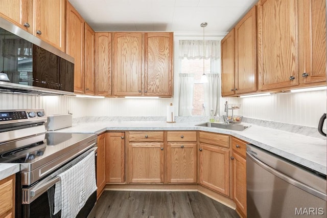 kitchen featuring appliances with stainless steel finishes, a sink, dark wood-style flooring, and light countertops