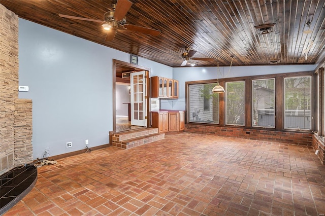 29 Park Charles Blvd N, Saint Peters, MO 63376 - unfurnished living room with a ceiling fan, baseboards, brick flooring, and wooden ceiling