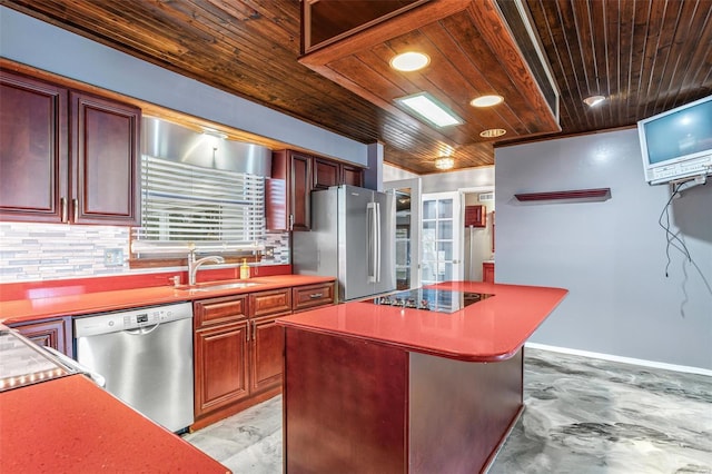 29 Park Charles Blvd N, Saint Peters, MO 63376 - kitchen featuring wood ceiling, appliances with stainless steel finishes, a sink, backsplash, and a center island