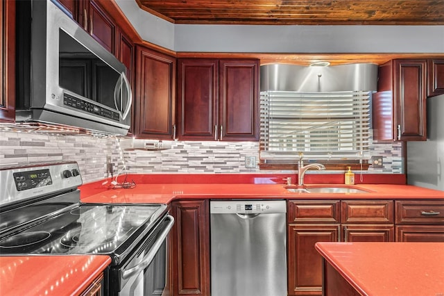 29 Park Charles Blvd N, Saint Peters, MO 63376 - kitchen with appliances with stainless steel finishes, a sink, wooden ceiling, and tasteful backsplash