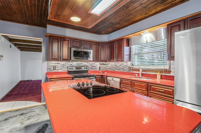 29 Park Charles Blvd N, Saint Peters, MO 63376 - kitchen with stainless steel appliances, a sink, wooden ceiling, backsplash, and tile patterned flooring