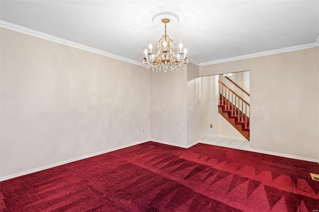 29 Park Charles Blvd N, Saint Peters, MO 63376 - empty room with stairway, a chandelier, ornamental molding, carpet flooring, and baseboards